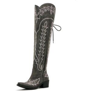 Embroidered Lace up Cowgirl Boots Grey Faux Leather Over the Knee Small Heels